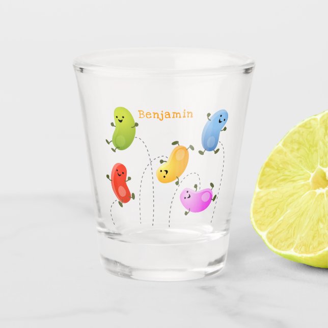 Niedliche glückliche Jellybohnen springende Cartoo Schnapsglas (Vorderseite)