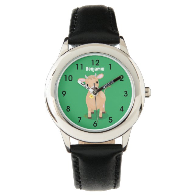 Niedliche glückliche Jersey-Kuh und Blume Cartoon Armbanduhr (Vorderseite)