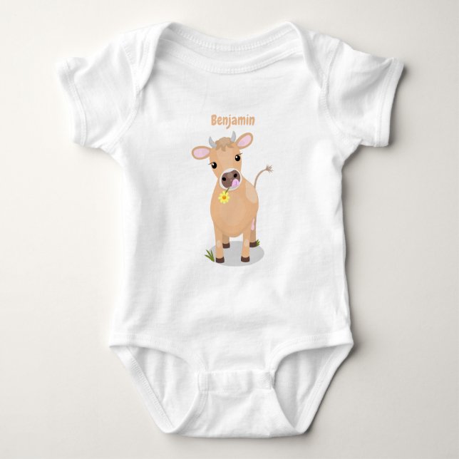 Niedliche glückliche Jersey-Kuh und Blume Cartoon Baby Strampler (Vorderseite)