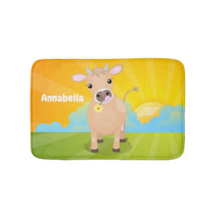 Niedliche glückliche Jersey-Kuh und Blume Cartoon Badematte