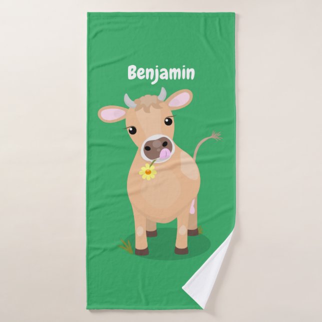 Niedliche glückliche Jersey-Kuh und Blume Cartoon Badhandtuch Set (Badehandtuch)