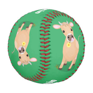 Niedliche glückliche Jersey-Kuh und Blume Cartoon Baseball