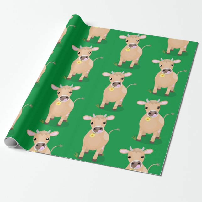 Niedliche glückliche Jersey-Kuh und Blume Cartoon Geschenkpapier (Ungerollt)