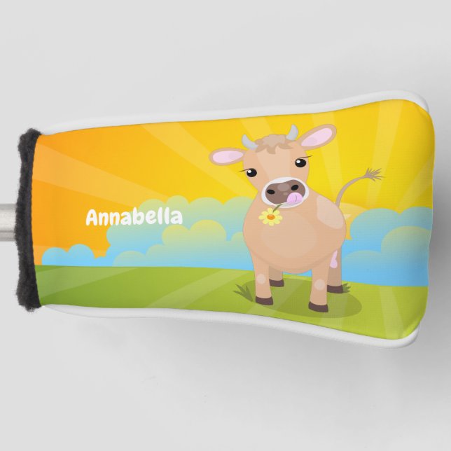 Niedliche glückliche Jersey-Kuh und Blume Cartoon Golf Headcover (Vorderseite)