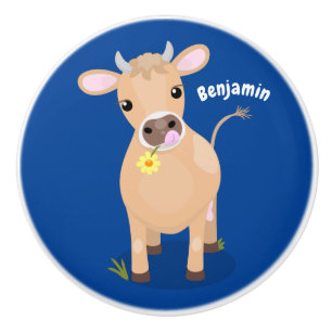 Niedliche glückliche Jersey-Kuh und Blume Cartoon Keramikknauf