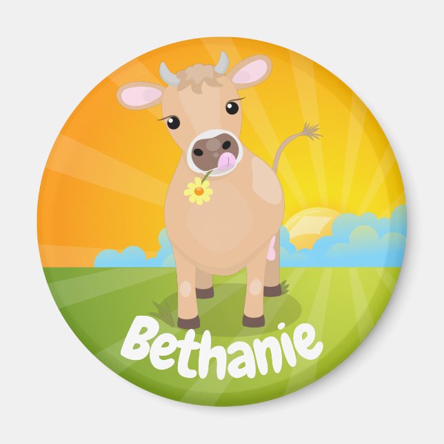 Niedliche glückliche Jersey-Kuh und Blume Cartoon Magnet (Vorne)