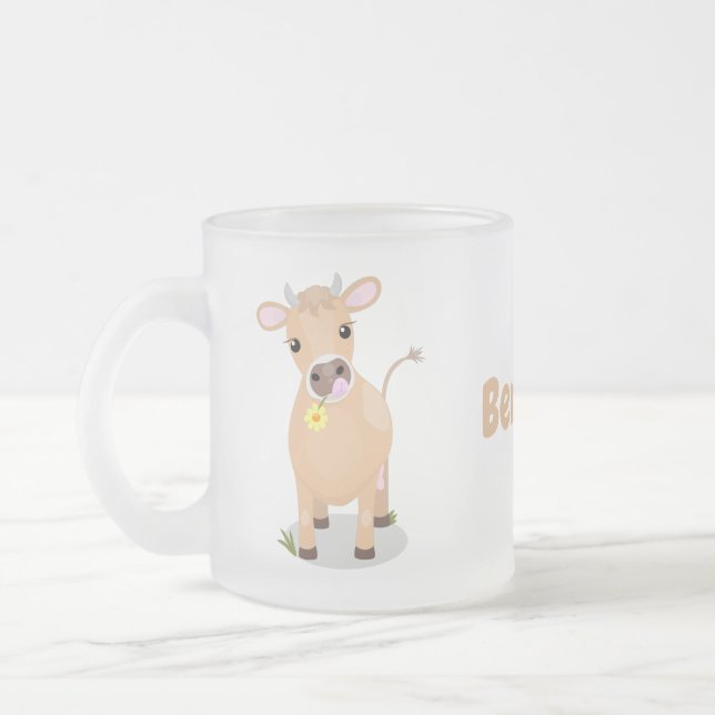 Niedliche glückliche Jersey-Kuh und Blume Cartoon Mattglastasse (Links)