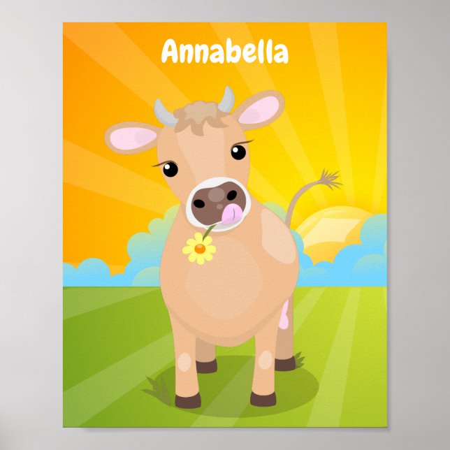 Niedliche glückliche Jersey-Kuh und Blume Cartoon Poster (Vorne)