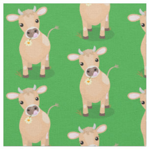 Niedliche glückliche Jersey-Kuh und Blume Cartoon Stoff