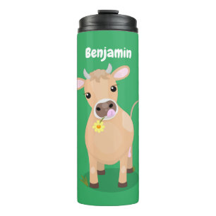 Niedliche glückliche Jersey-Kuh und Blume Cartoon Thermosbecher