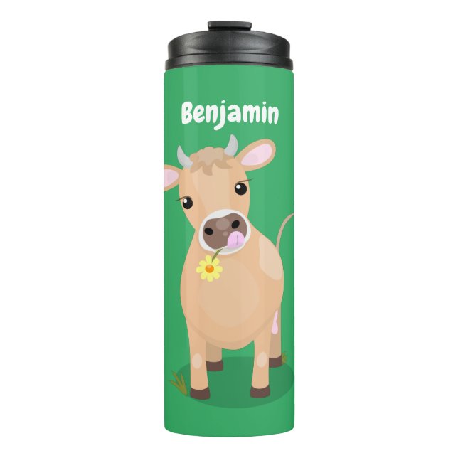 Niedliche glückliche Jersey-Kuh und Blume Cartoon Thermosbecher (Vorderseite)