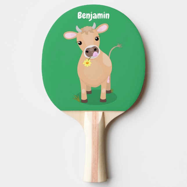 Niedliche glückliche Jersey-Kuh und Blume Cartoon Tischtennis Schläger (Vorderseite)