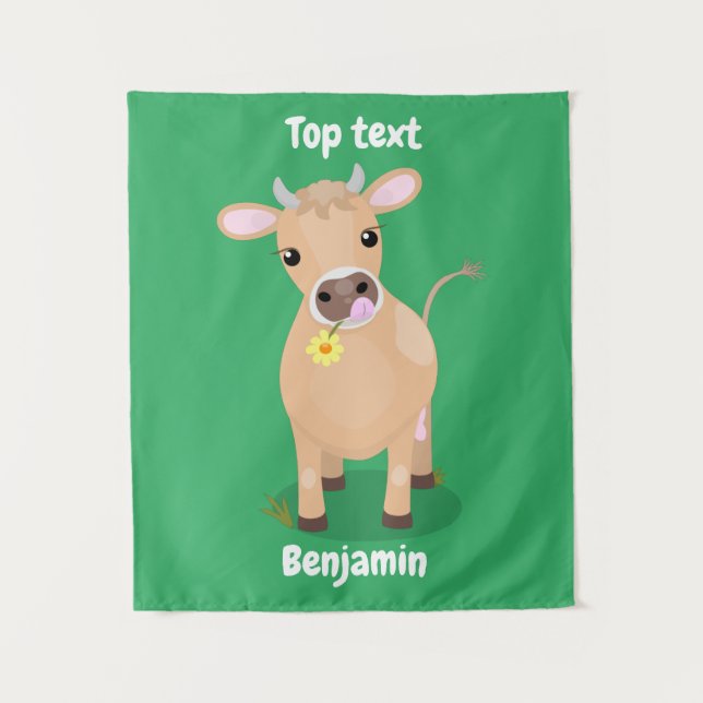 Niedliche glückliche Jersey-Kuh und Blume Cartoon Wandteppich (Vorderseite)