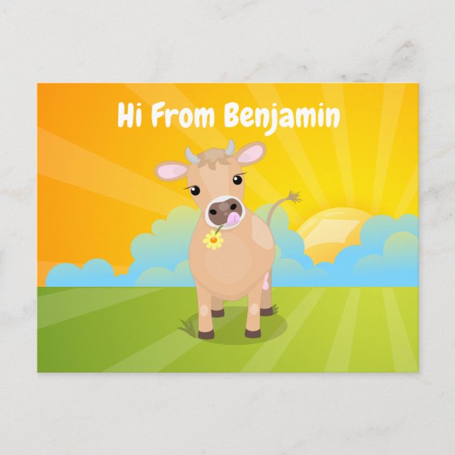 Niedliche glückliche Jersey Kuh und Blume Sonnenau Postkarte (Vorderseite)