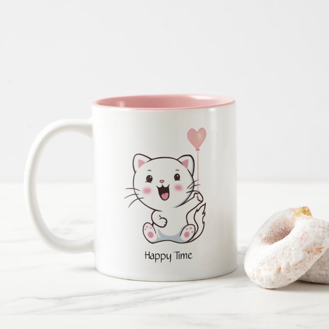 Niedliche glückliche Katze mit Ballon Zweifarbige Tasse (Mit Donut)