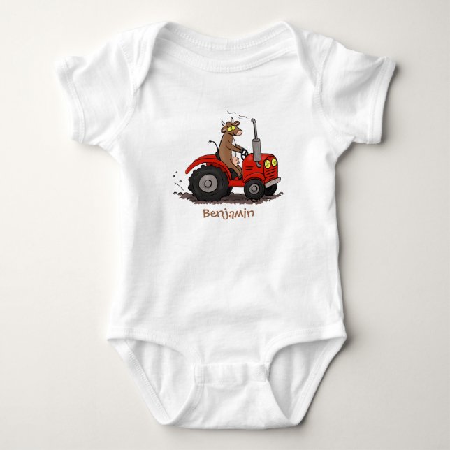 Niedliche glückliche Kuh, die einen roten Traktor- Baby Strampler (Vorderseite)
