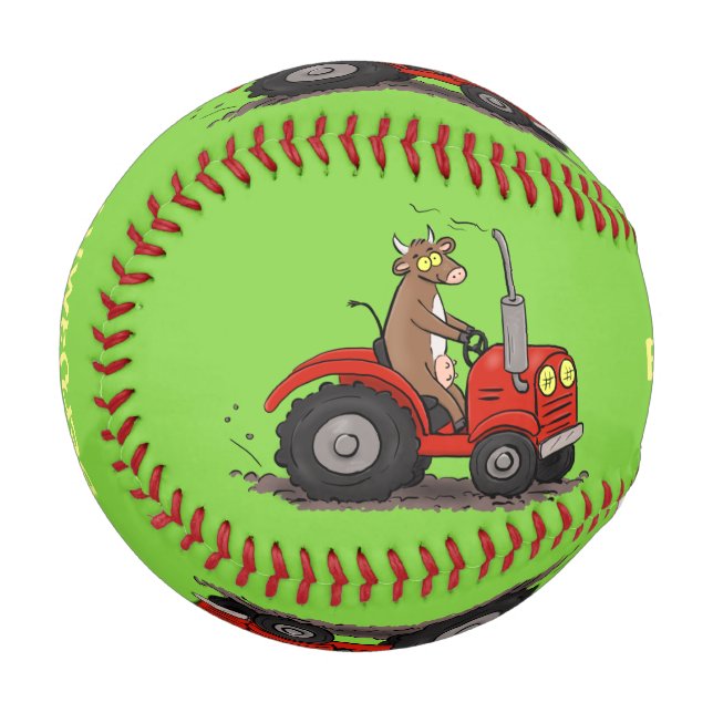 Niedliche glückliche Kuh, die einen roten Traktor- Baseball (Vorderseite Links)
