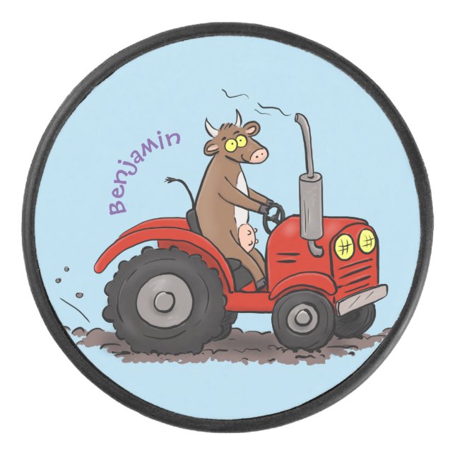 Niedliche glückliche Kuh, die einen roten Traktor- Eishockey Puck (Vorderseite)