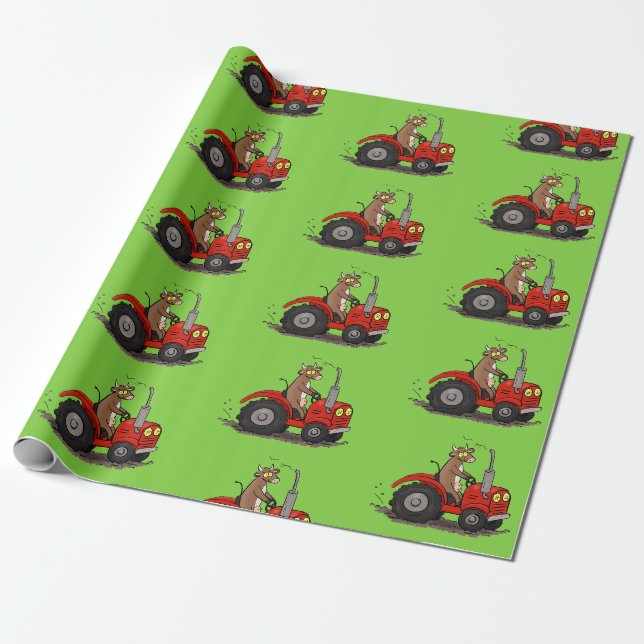 Niedliche glückliche Kuh, die einen roten Traktor- Geschenkpapier (Ungerollt)