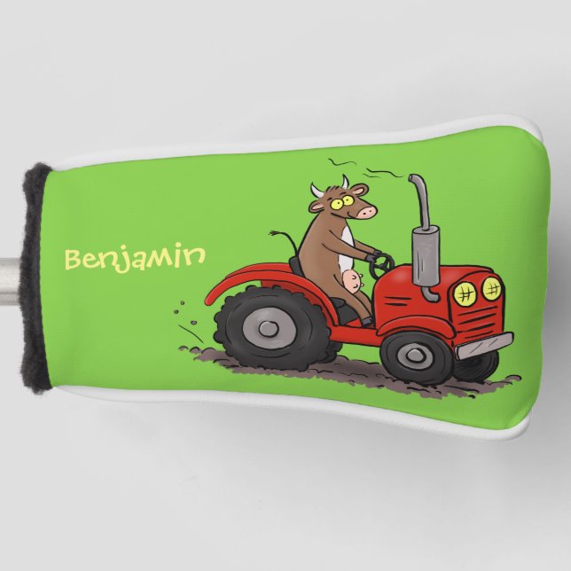 Niedliche glückliche Kuh, die einen roten Traktor- Golf Headcover (Vorderseite)