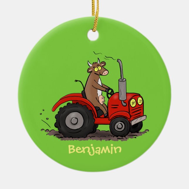 Niedliche glückliche Kuh, die einen roten Traktor- Keramik Ornament (Vorne)