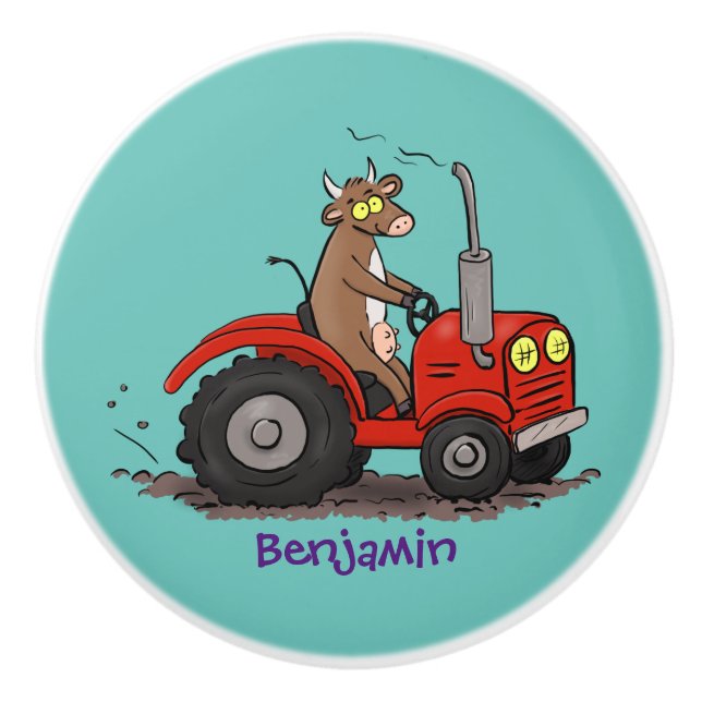 Niedliche glückliche Kuh, die einen roten Traktor- Keramikknauf (Vorderseite)