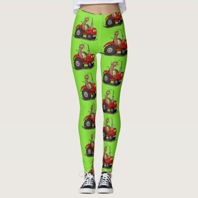 Niedliche glückliche Kuh, die einen roten Traktor- Leggings (Vorderseite)