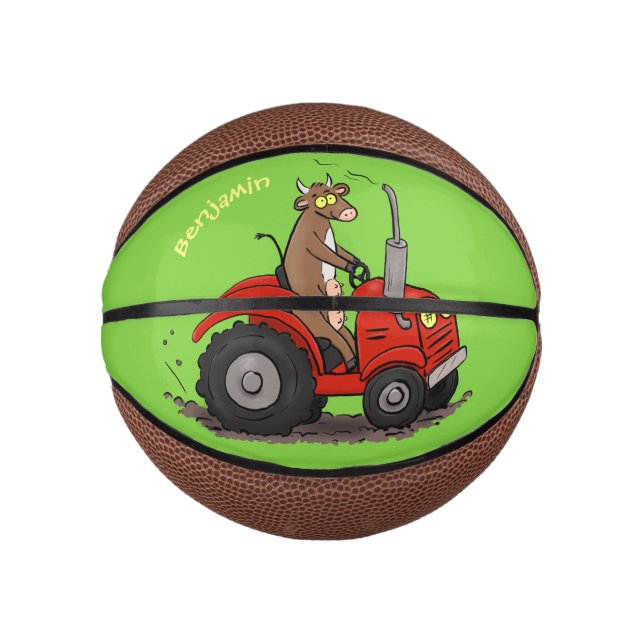 Niedliche glückliche Kuh, die einen roten Traktor- Mini Basketball (Vorderseite)