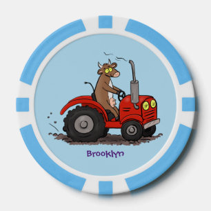 Niedliche glückliche Kuh, die einen roten Traktor- Pokerchips
