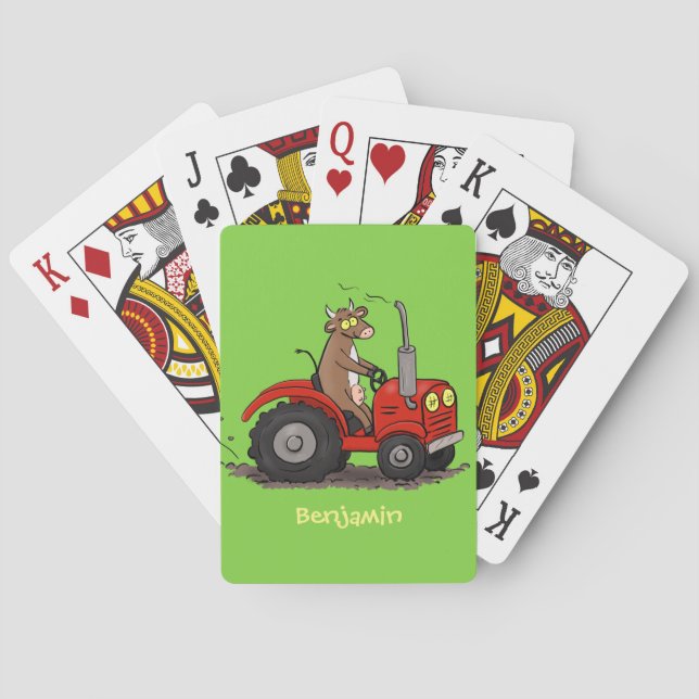 Niedliche glückliche Kuh, die einen roten Traktor- Spielkarten (Rückseite)