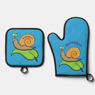 Niedliche, glückliche Schnecke auf einer Cartoon-I Ofenhandschuh & Topflappen-Set