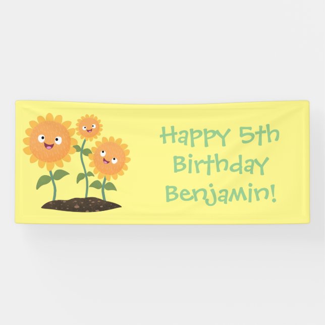 Niedliche glückliche Sonnenblumen lächelnd Cartoon Banner (Horizontal)