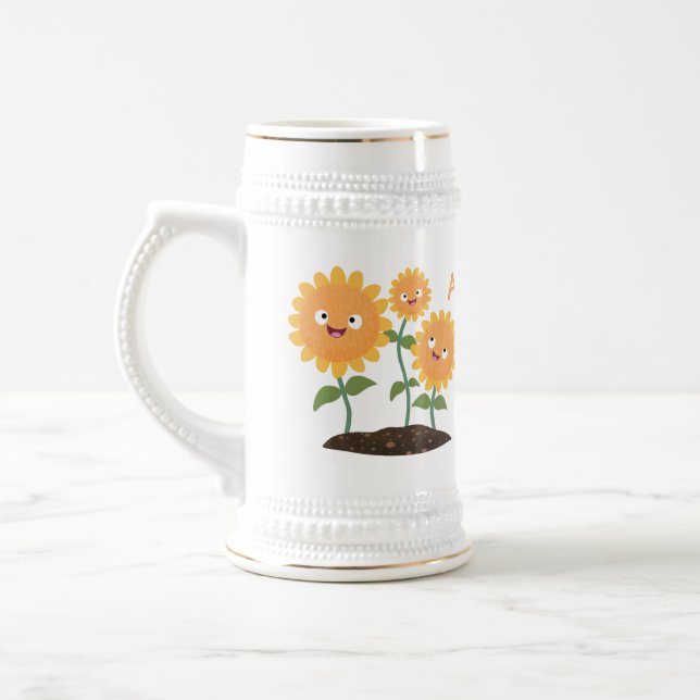 Niedliche glückliche Sonnenblumen lächelnd Cartoon Bierglas (Links)