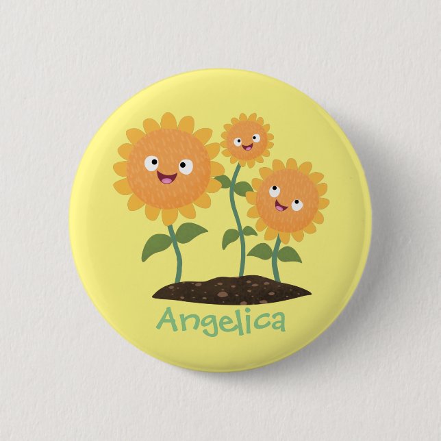 Niedliche glückliche Sonnenblumen lächelnd Cartoon Button (Vorderseite)