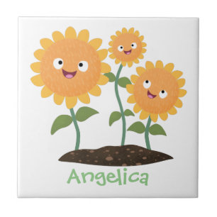 Niedliche glückliche Sonnenblumen lächelnd Cartoon Fliese