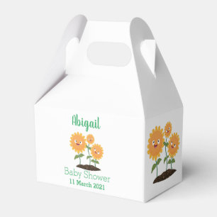 Niedliche glückliche Sonnenblumen lächelnd Cartoon Geschenkschachtel