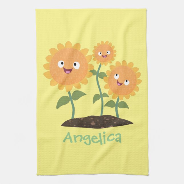 Niedliche glückliche Sonnenblumen lächelnd Cartoon Geschirrtuch (Vertikal)