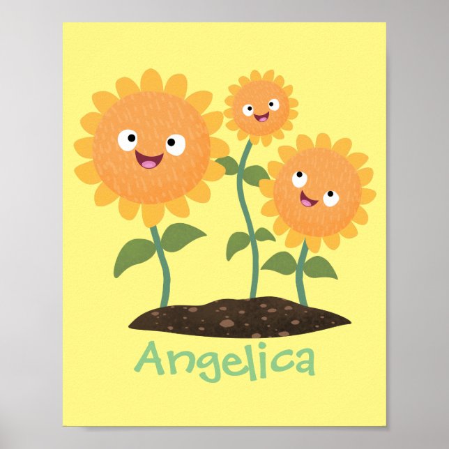 Niedliche glückliche Sonnenblumen lächelnd Cartoon Poster (Vorne)