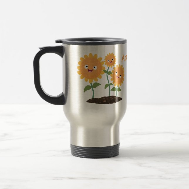 Niedliche glückliche Sonnenblumen lächelnd Cartoon Reisebecher (Links)