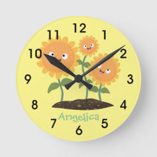 Niedliche glückliche Sonnenblumen lächelnd Cartoon Runde Wanduhr