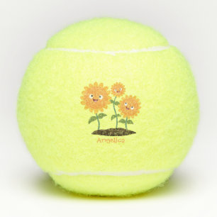 Niedliche glückliche Sonnenblumen lächelnd Cartoon Tennisbälle