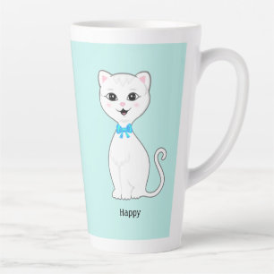 Niedliche glückliche weiße Katze auf Hellblau Milchtasse