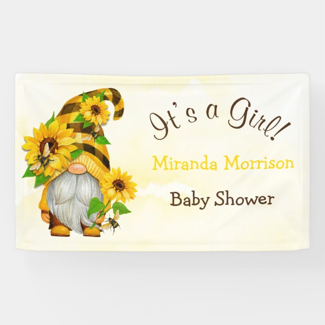 Niedliche Gnome Sonnenblumen Bees Babydusche Banner (Horizontal)