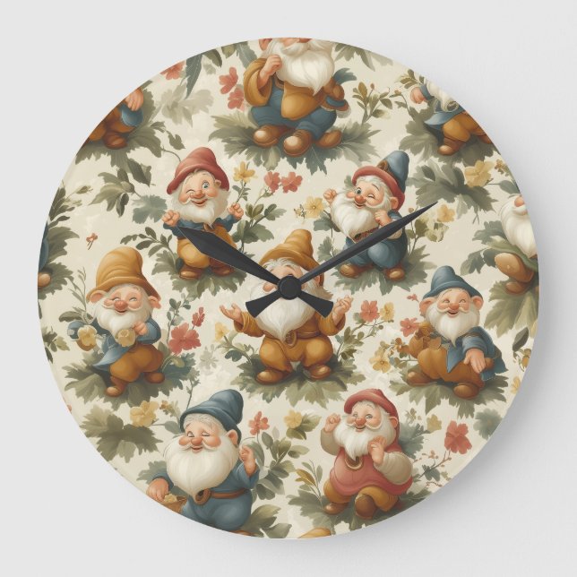 Niedliche Gnome und Blume Große Wanduhr (Vorderseite)
