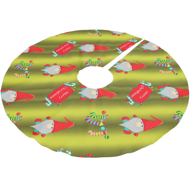 Niedliche Gnome, Weihnachten in Chartreuse Polyester Weihnachtsbaumdecke (Schrägansicht)
