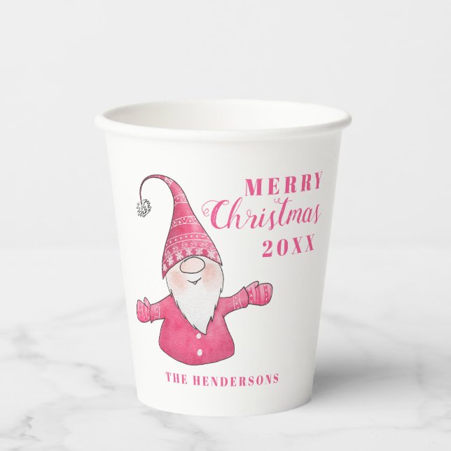 Niedliche Gnome Weiß und Rosa Weihnachten Pappbecher (Vorderseite)