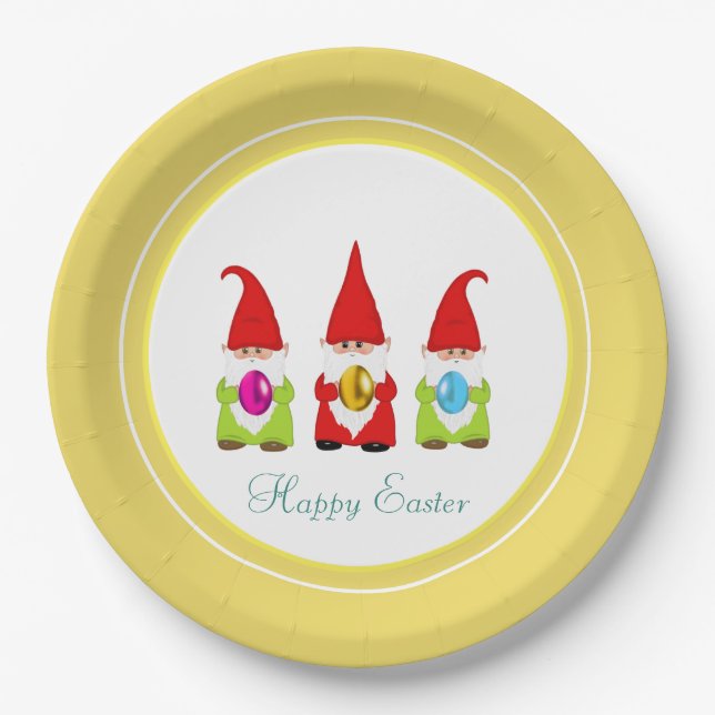 Niedliche Gnomen und mehrfarbige Ostereierplatten Pappteller (Vorderseite)