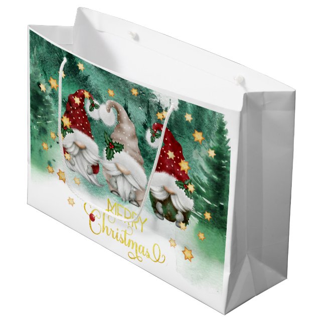 Niedliche Gnomes Forest Stars Frohe Weihnachten Große Geschenktüte (Vorderseite Schrägansicht)