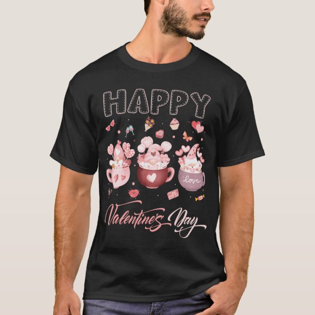Niedliche Gnomes Latte Cup Happy Valentine Day T-Shirt (Vorderseite)