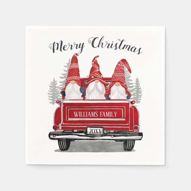 Niedliche Gnomes Vintag Red Truck Frohe Weihnachte Serviette (Vorderseite)